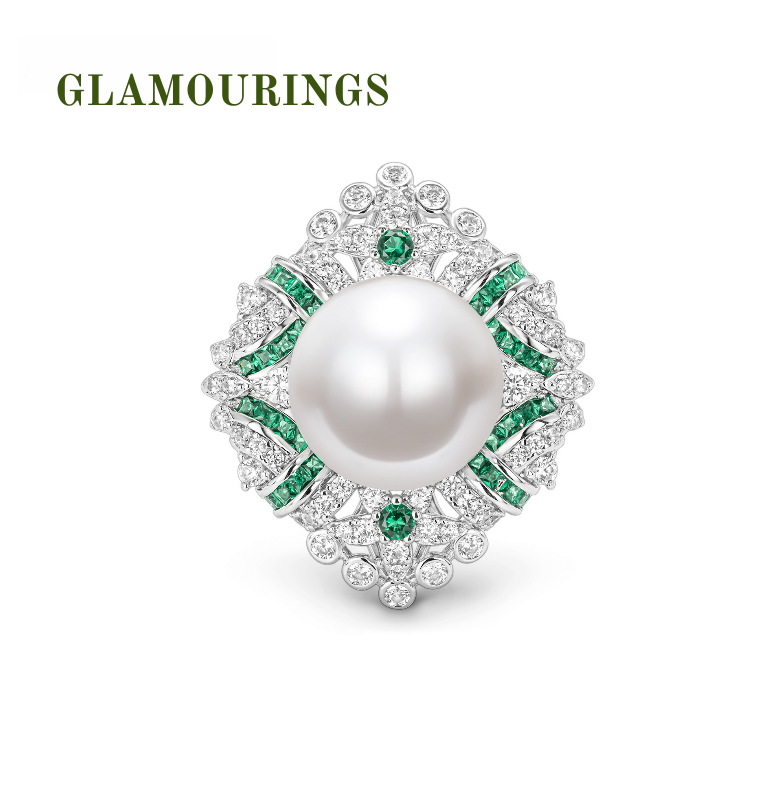 Regal Dew Pearl, Emerald and Diamond Ring
