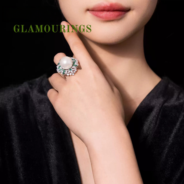 Regal Dew Pearl, Emerald and Diamond Ring