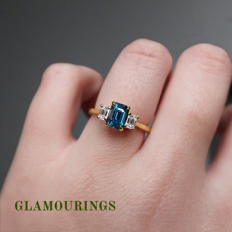 1.01ct Emerald Cut Teal Sapphire Engagement Ring