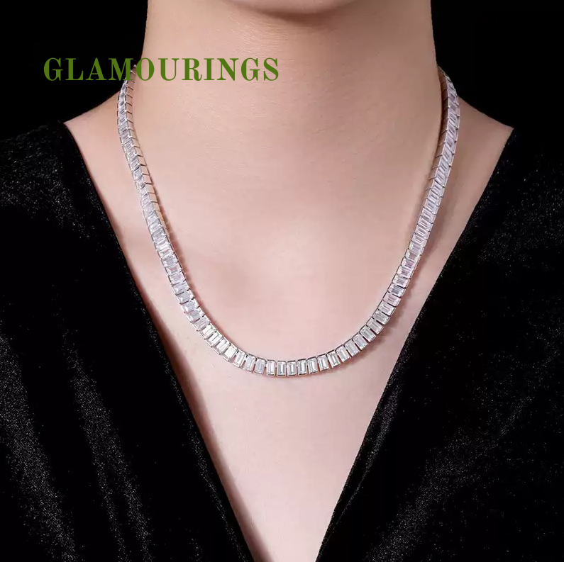 Simple Pave Trapezoidal Cut Moissanite Necklace