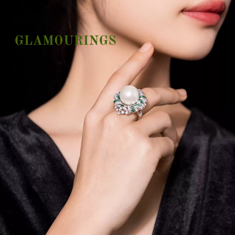 Regal Dew Pearl, Emerald and Diamond Ring