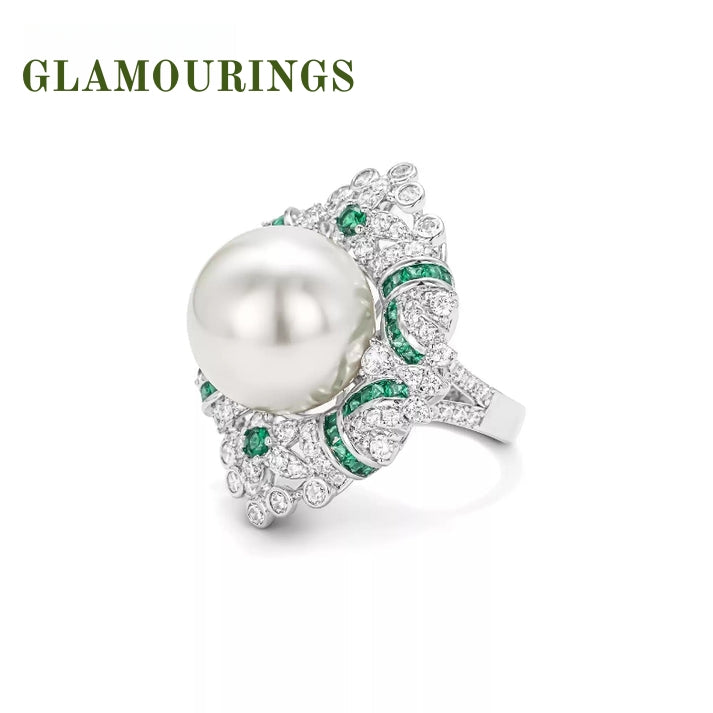 Regal Dew Pearl, Emerald and Diamond Ring