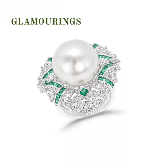 Regal Dew Pearl, Emerald and Diamond Ring